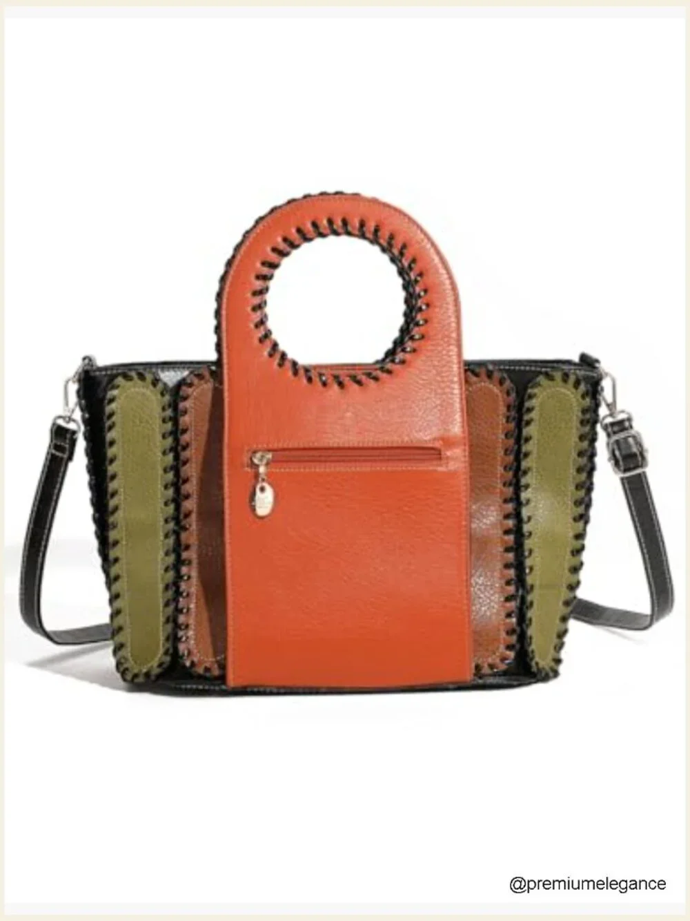 Large Faux Leather Satchel Crossbody Bag with Whipstitch Detail